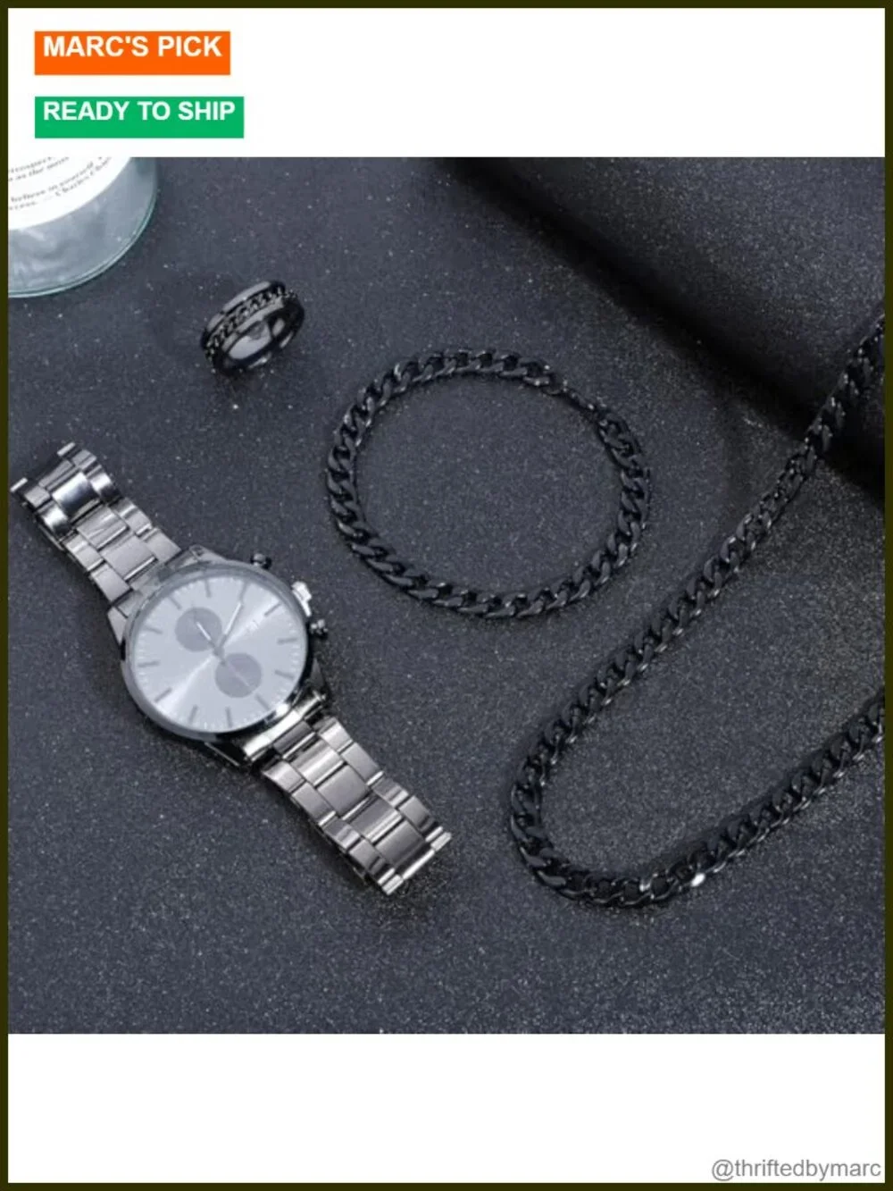 Men's Stainless Steel 4-Piece Jewelry Set with Watch Necklace Bracelet Ring
